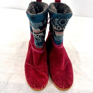 Toms Nepal Boots Maroon Wine suede Aztec print / warm faux fur Womens size 8W